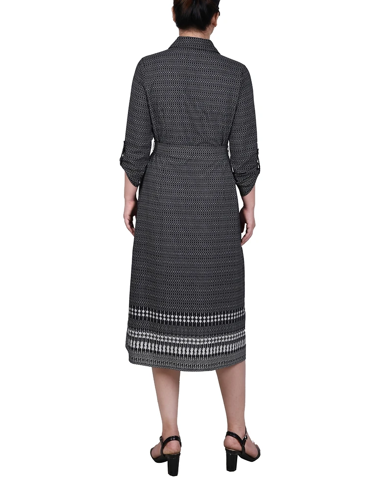 Ny Collection Petite 3/4 Roll Tab Sleeve Belted Shirtdress