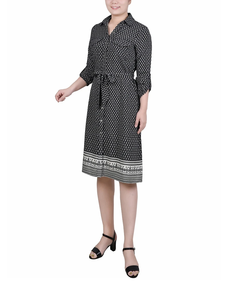Ny Collection Petite 3/4 Roll Tab Sleeve Belted Shirtdress