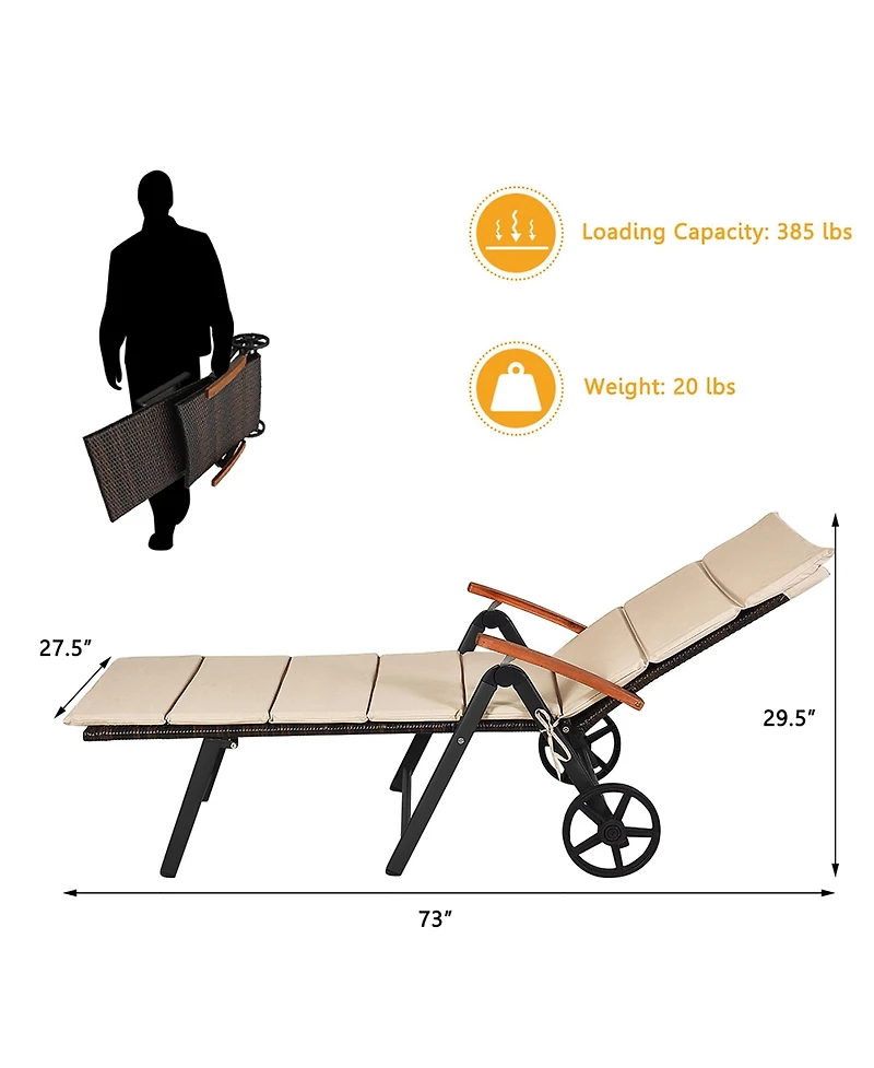 Costway Folding Patio Rattan Lounge Chair Chaise Cushioned Aluminum Adjust Wheel