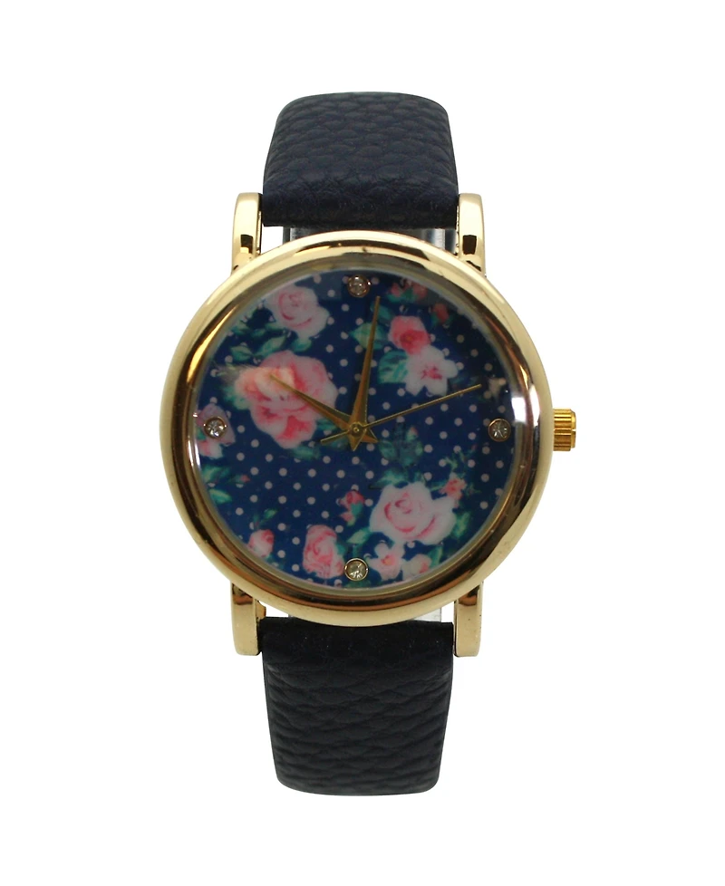 Olivia Pratt Navy Solid Colors with Flowers Details Women Watch