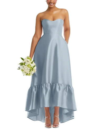 Alfred Sung Women's Strapless Deep Ruffle Hem Satin High Low Dress with Pockets