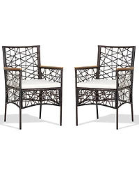 Costway 2pcs Pe Wicker Patio Bistro Chairs Acacia Wood Armrests