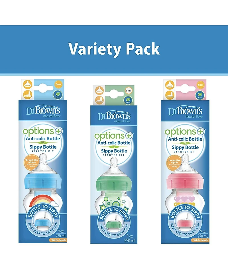 Dr. Browns Baby Anti-Colic Options+ Wide-Neck Baby Bottle to Sippy Bottle, 9oz, 3 pack