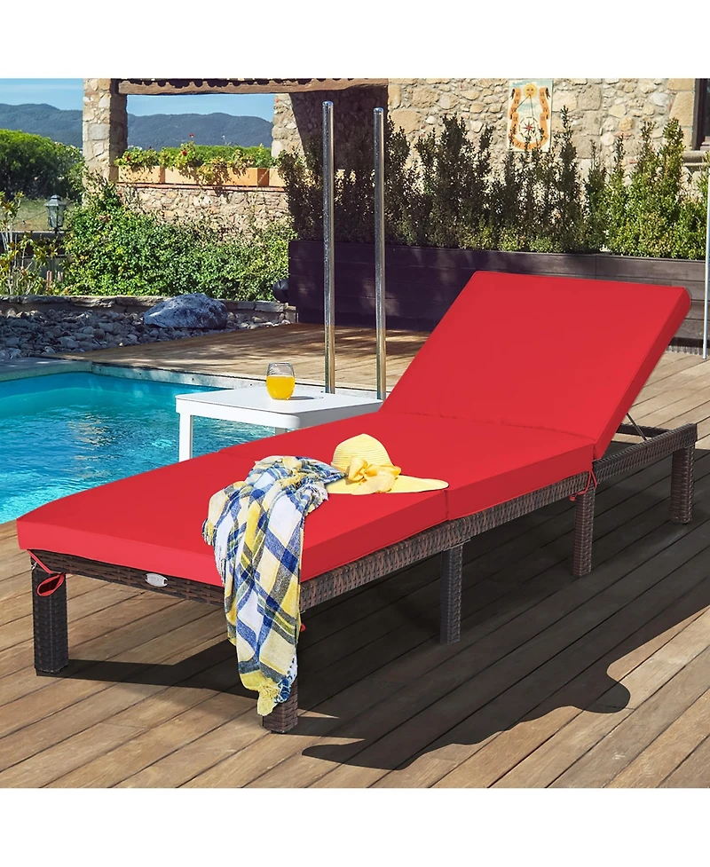 Costway Outdoor Rattan Lounge Chair Chaise Recliner Adjustable Cushioned Patio