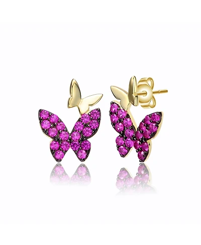 Sterling Silver 14k Yellow Gold Plated with Red Cubic Zirconia Double Butterfly Drop Earrings
