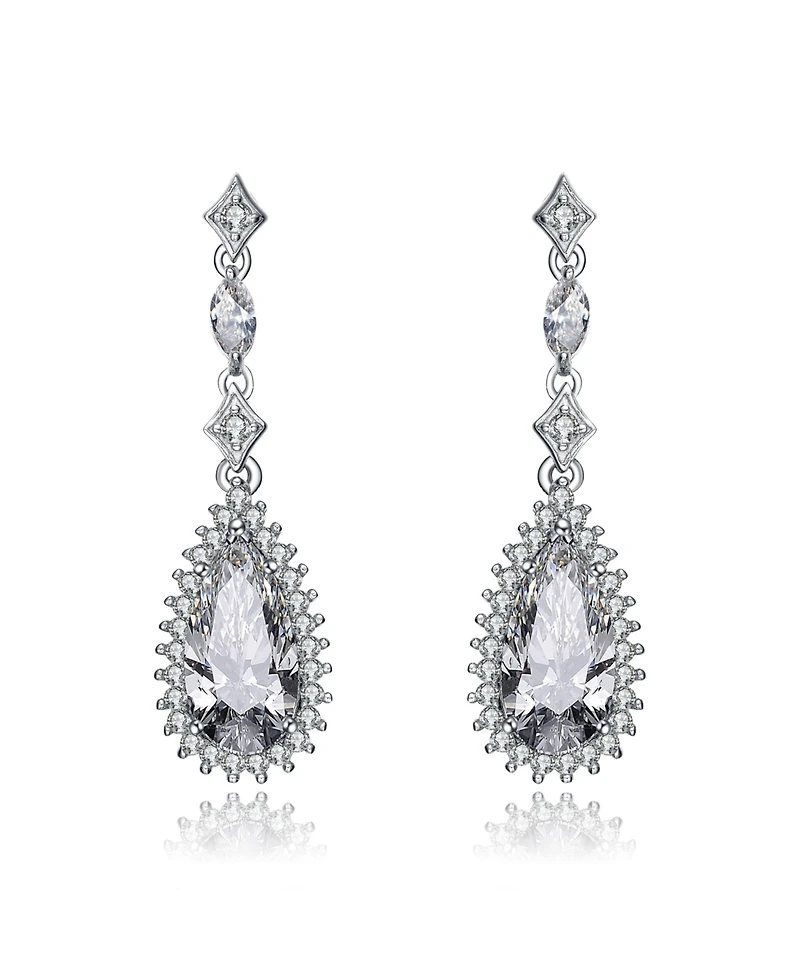 Sterling Silver White gold Plated Pear Drop Cubic Zirconia with Halo Burst Earrings