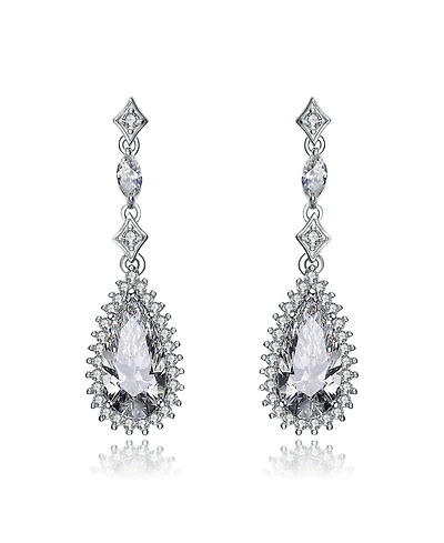Sterling Silver White gold Plated Pear Drop Cubic Zirconia with Halo Burst Earrings