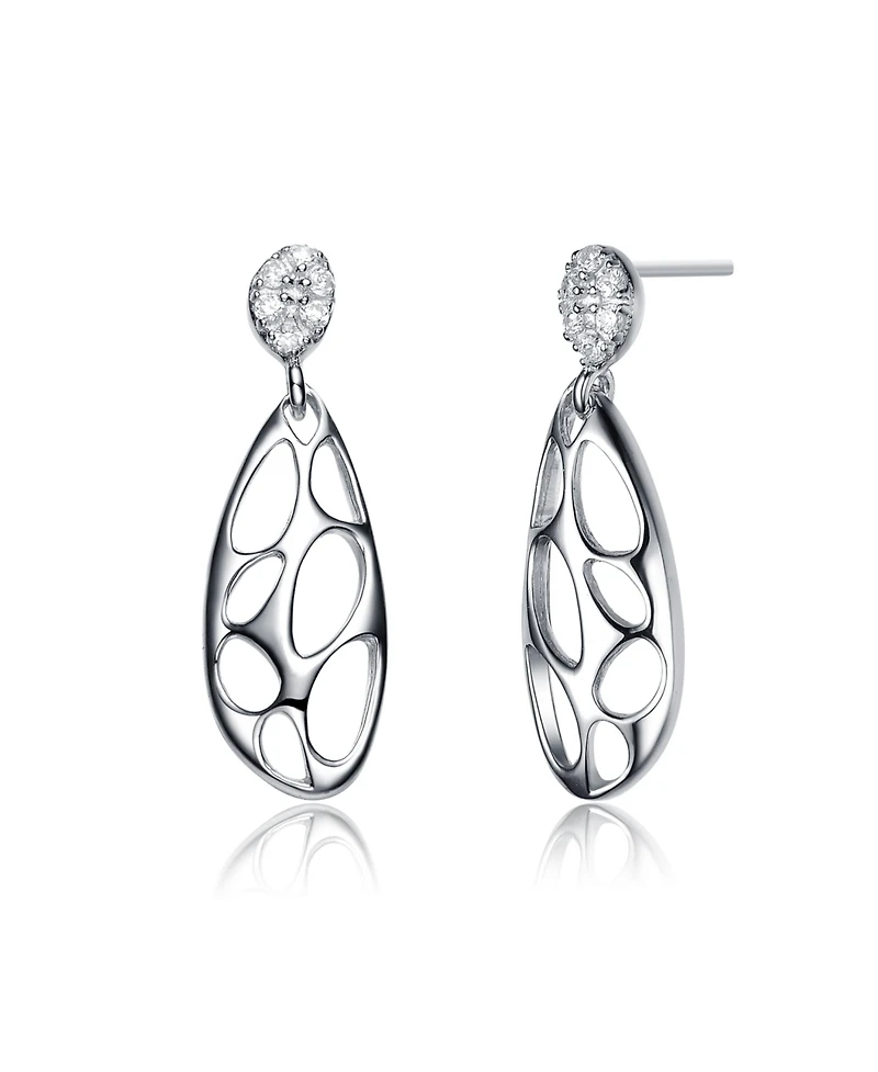 Sterling Silver Cubic Zirconia Oval Drop Lace Design Earrings