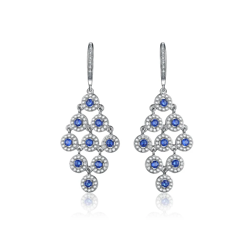 Cubic Zirconia Sterling Silver Rhodium Plated Blue Round Chandelier Earrings