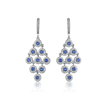 Cubic Zirconia Sterling Silver Rhodium Plated Blue Round Chandelier Earrings