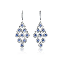 Cubic Zirconia Sterling Silver Rhodium Plated Blue Round Chandelier Earrings