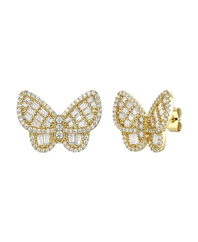 14k Yellow Gold Plated Sterling Silver with Cubic Zirconia Clusters Butterfly Stud Earrings