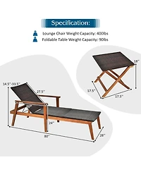 Costway 3PCS Patio Rattan Lounge Chair Chaise Set Wooden Frame Folding Table