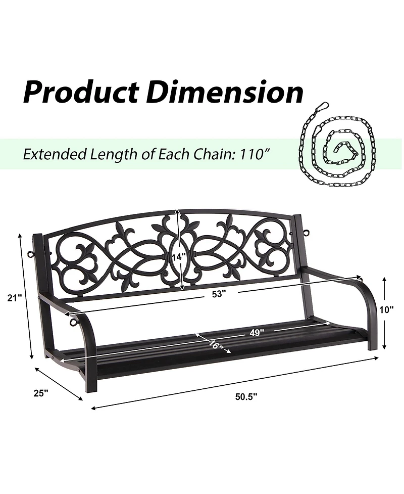 2-Person Metal Outdoor Porch Swing Hanging Patio Bench 485 Lbs Capacity