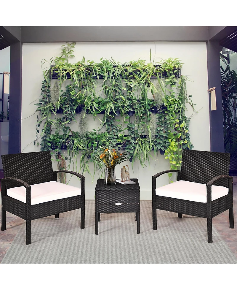 3PC Outdoor Patio Rattan Furniture Set Storage Coffee Table Cushioned Sofa
