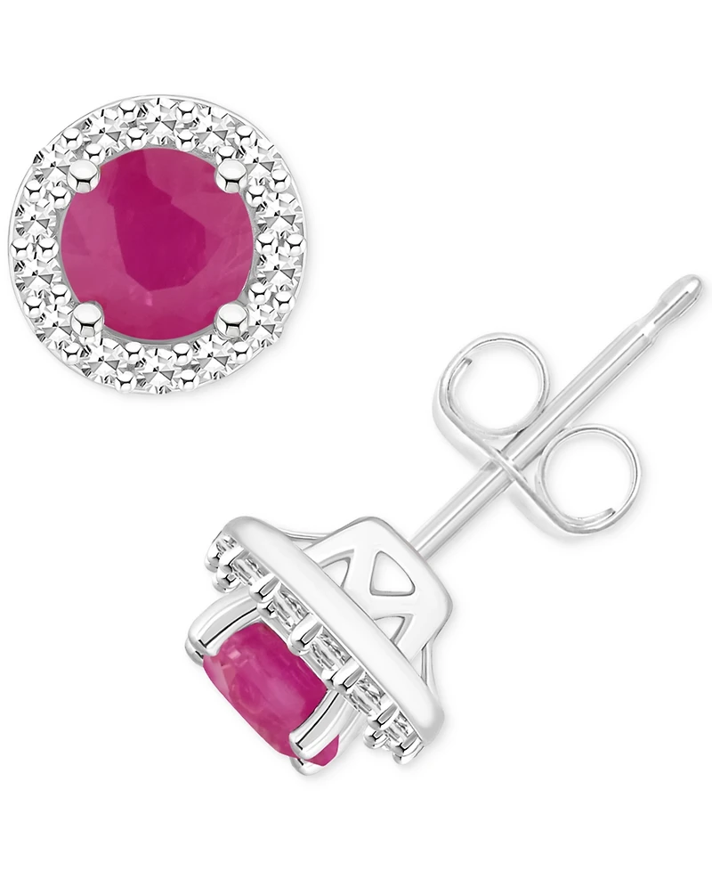 Emerald (1/2 ct. t.w.) & Diamond (1/6 Halo Stud Earrings Sterling Silver (Also Ruby Sapphire)