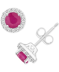 Emerald (1/2 ct. t.w.) & Diamond (1/6 Halo Stud Earrings Sterling Silver (Also Ruby Sapphire)