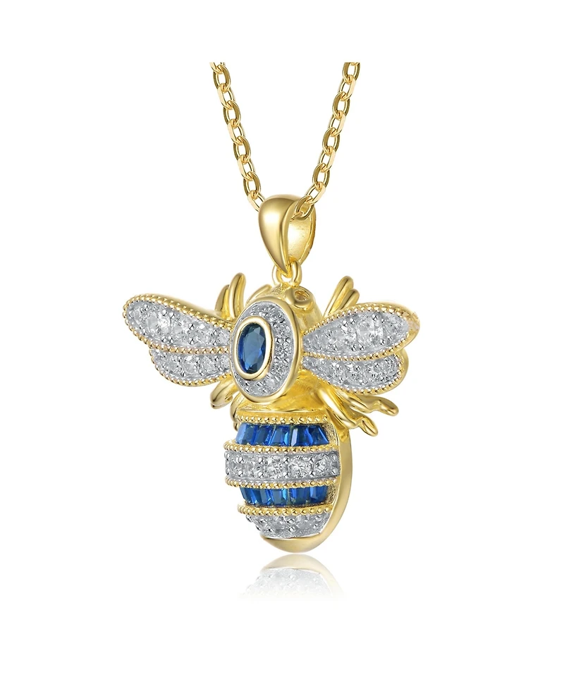 Genevive Sterling Silver 14k Gold Plated with Blue Cubic Zirconia Pave Wasp Pendant Necklace
