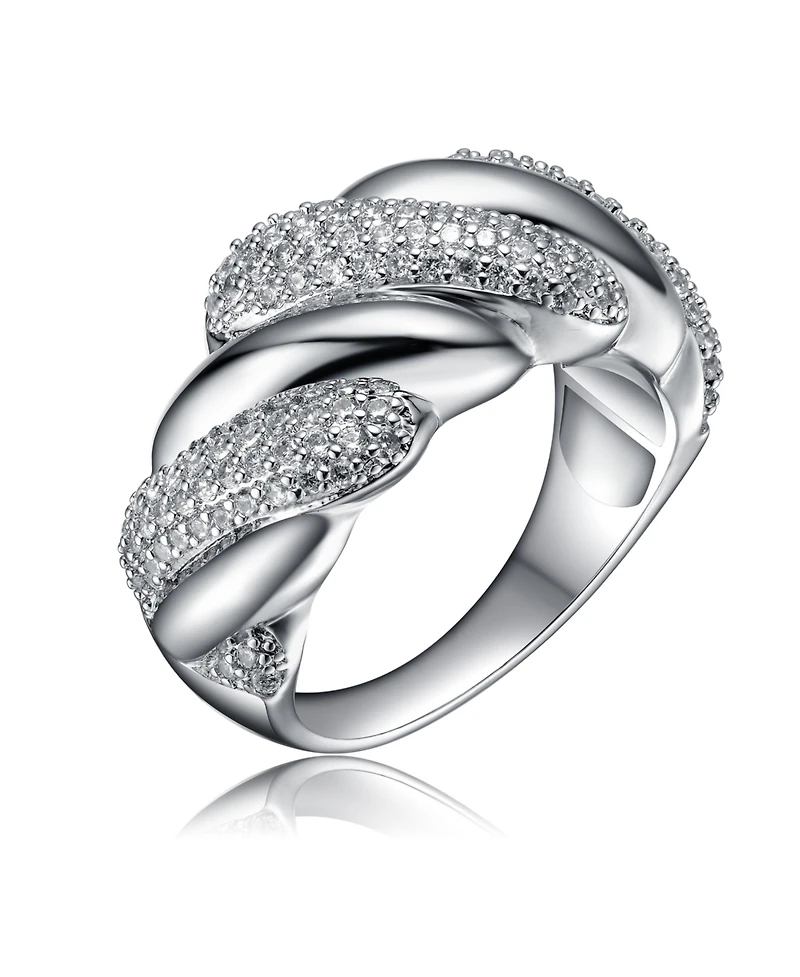 Sterling Silver White Gold Plated Clear Round Cubic Zirconia Wavy Twisted Ring