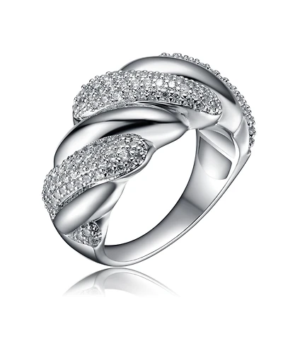 Sterling Silver White Gold Plated Clear Round Cubic Zirconia Wavy Twisted Ring