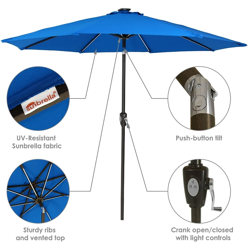 9-Foot Sunbrella Tilting Patio Umbrella with Solar Led Light Bars - Pacific Blue