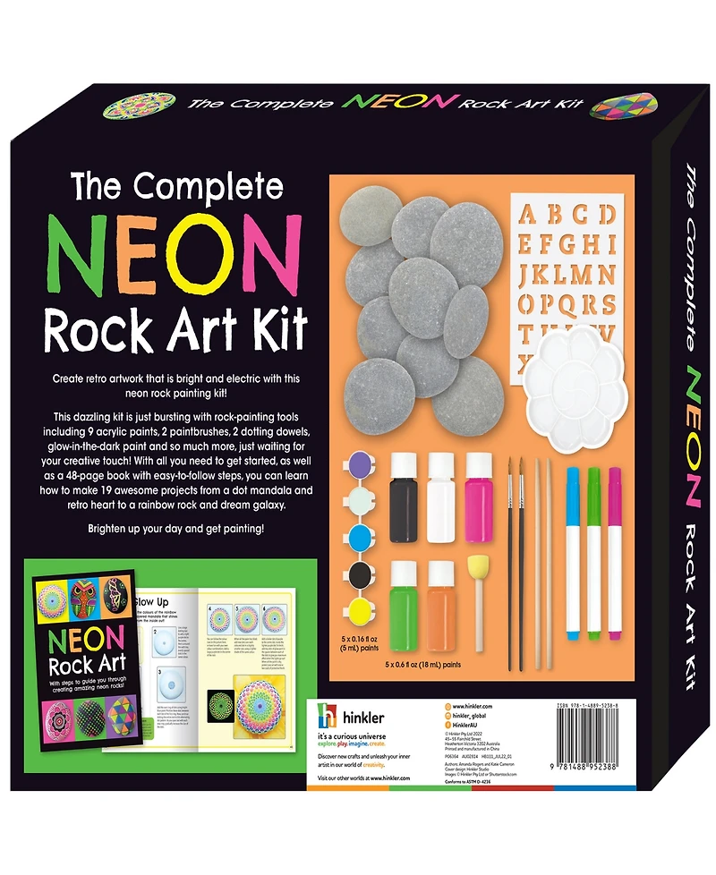 The Complete Neon Rock Art Kit Diy Rock Painting For Kids, Rocks, Brushes, Paint, Stencils included 19 Easy-To-Follow Projects
