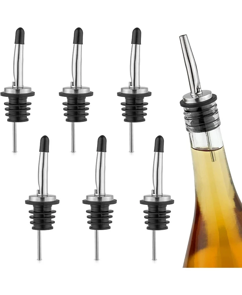 Stainless Steel Liquor Pourers with Rubber Dust Caps - 6 Pack