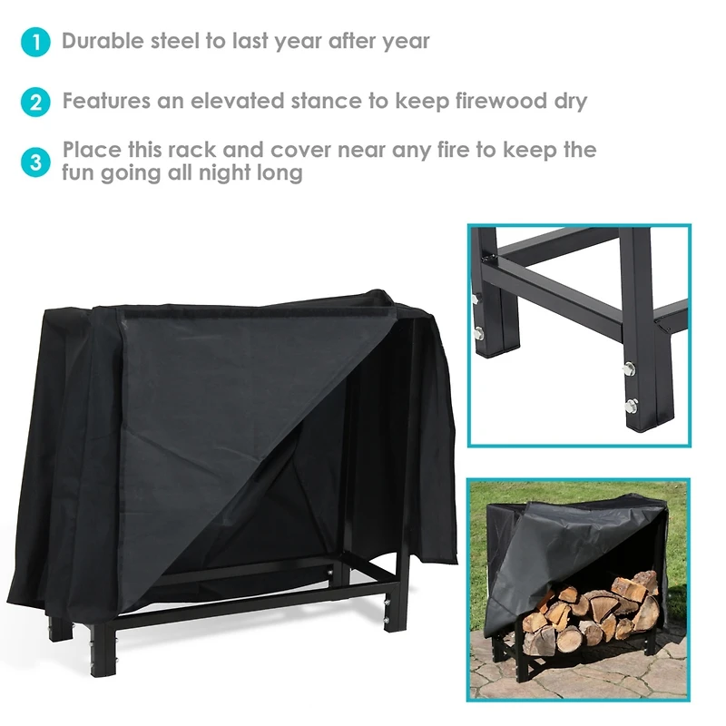 Outdoor Steel Firewood Log Rack Holder with Weather-Resistant Heavy-Duty Polyester Log Rack Cover - 30" - Black