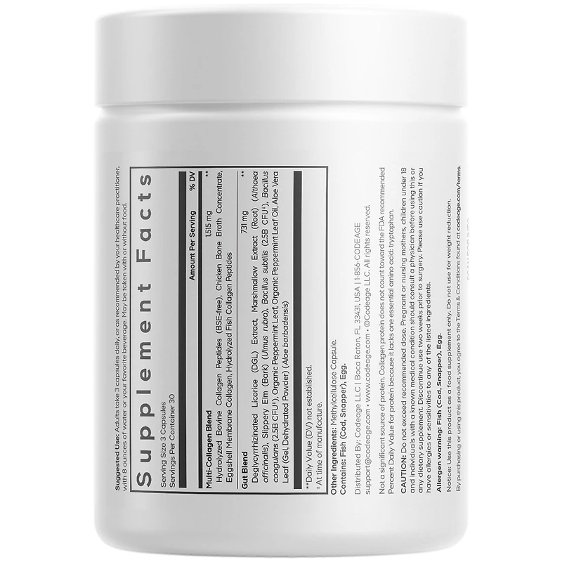 Codeage Multi Collagen + Gut Blend Supplement - Digestive Probiotics, Dgl Licorice, Aloe Vera, Organic Peppermint Leaf, Slippery Elm