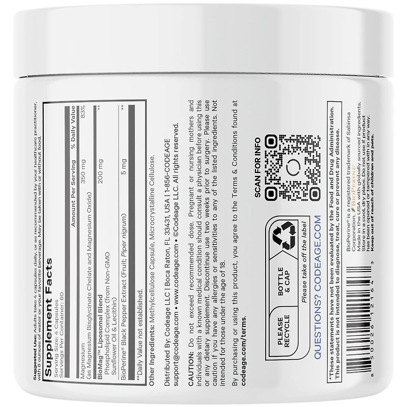 Codeage Liposomal Magnesium Glycinate Supplement, 2-Month Supply, Bisglycinate Magnesium Chelate, Chelated Magnesium Mineral Pills, BioPerine Black Pe
