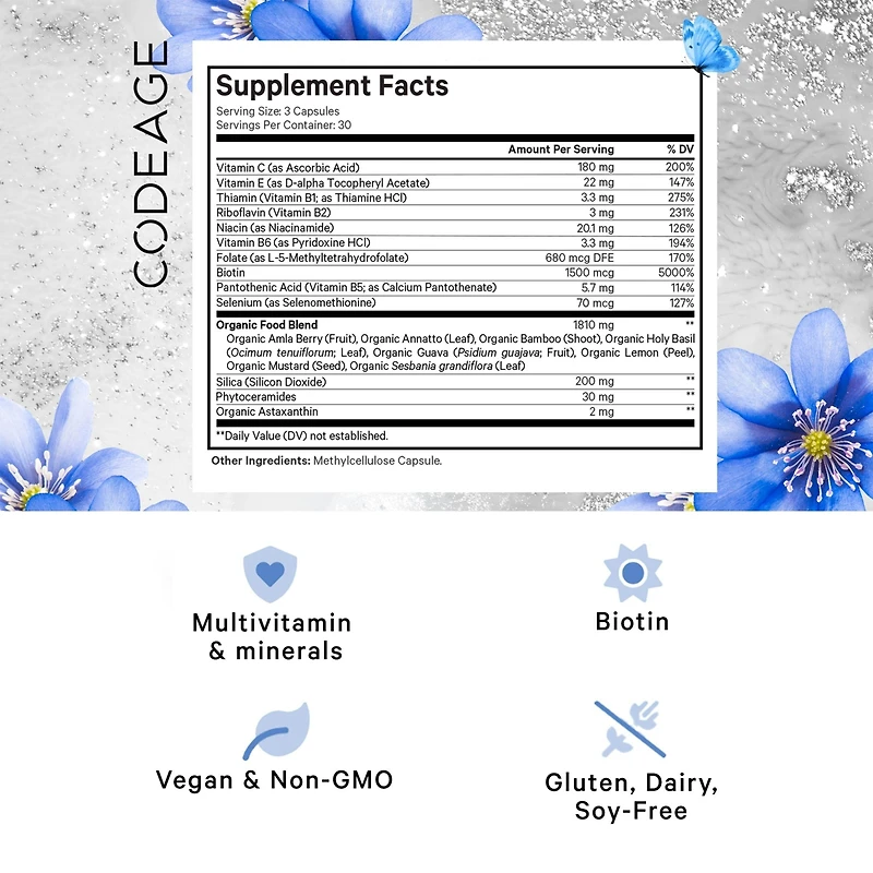 Codeage Biotin Supplement with Vitamin C, Vitamin E, Vitamin B6, Niacin, Folate, Organic Food Blend, Phytoceramides, Astaxanthin, Selenium