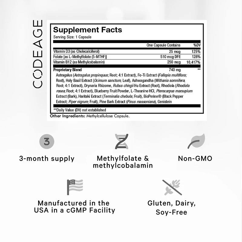 Codeage Ultra Life Telomeres Supplement - 5 Mthf Folate Vitamin B9, Vitamin B12 Methylcobalamin, Vitamin D3, L-Theanine, Ashwagandha