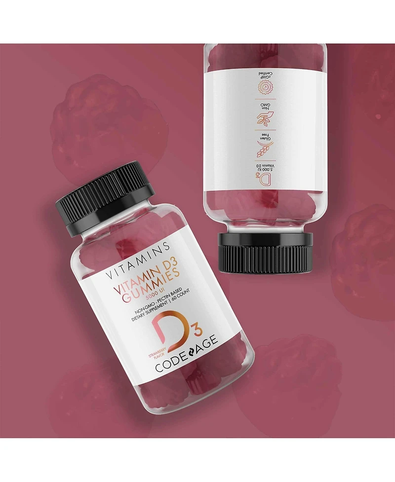 Codeage Vitamin D3 Gummies 2-Pack, 5000 Iu, Strawberry Flavored Vitamin Supplement - 60ct