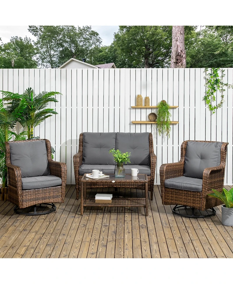 Outsunny 4 Piece Pe Wicker Patio Furniture Set, Conversation Set with 2 360° Swivel Rocking Armchairs, 1 Loveseat Sofa, Thick Cushions and Glass