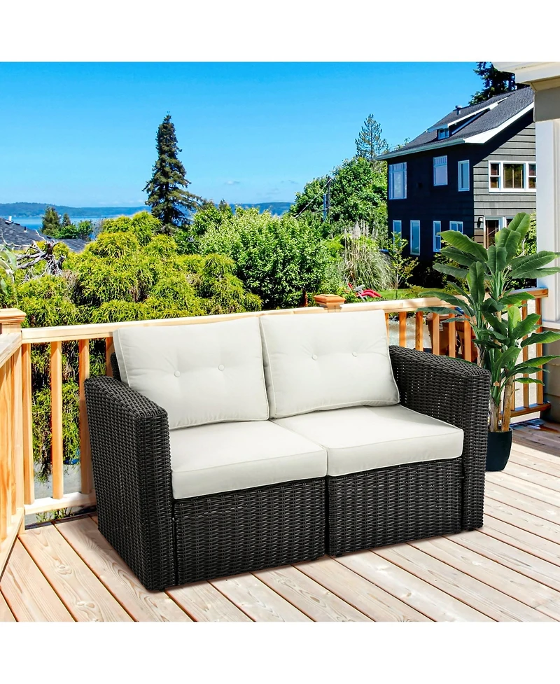 Outsunny 2 Piece Patio Wicker Corner Sofa Set, Outdoor Pe Rattan Furniture, with Curved Armrests and Padded Cushions for Balcony, Garden, or Lawn, Law