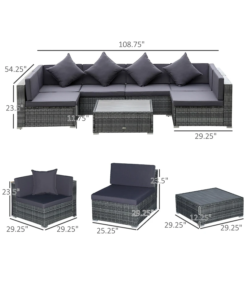 Outsunny 7-Piece Pe Rat Sectional Sofa Set with Table,