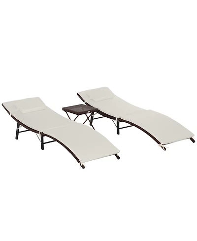 Outsunny Set of 2 Patio Pe Rattan Chaise Lounge Set, 3 Pieces Outdoor Folding Wicker Ledge Loungers Chair with Folding Table, Pillow