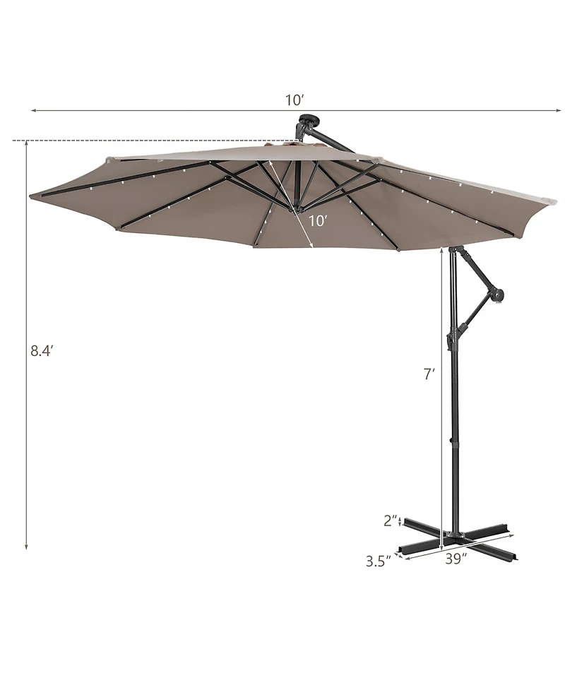 10FT Cantilever Solar Powered 32LED Lighted Patio Offset Umbrella Outdoor