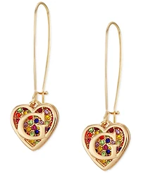 Guess Gold-Tone Rainbow Pave Logo Heart Linear Drop Earrings