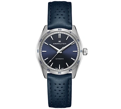Hamilton Women's Swiss Automatic Jazzmaster Performer Blue Leather Strap Watch 38mm
