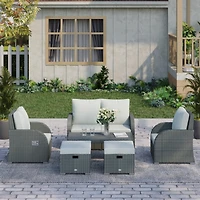 Outsunny 6-Piece Outdoor Rat Wicker Sofa Set w/ Gas Adjustable Sofa,