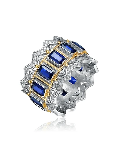 Two-Tone White Gold Plated and 14K with Colored Cubic Zirconia Band Ring