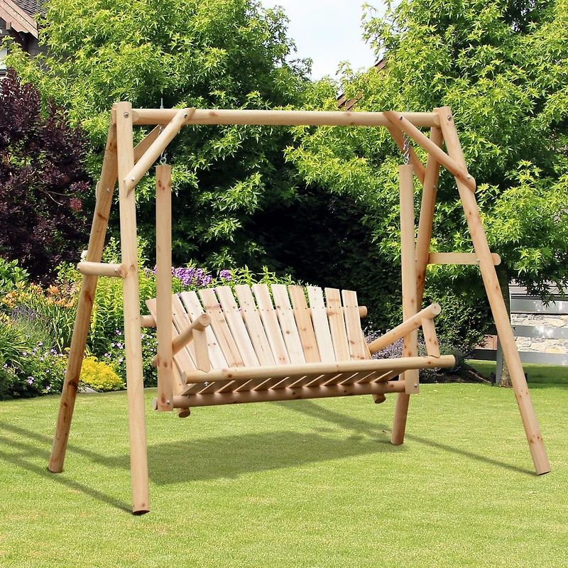 Outsunny 6.5' Outdoor Rustic Loveseat Solid Wood Natural Log Garden Swing Natural