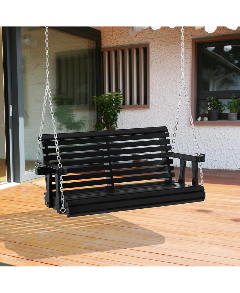 Outsunny 46" 2 Person Wooden Hanging Porch Swing Bench, Slatted Front Porch Swing Outdoor Chair with Cupholder Armrests 440 lbs. Weight Capacity, Blac