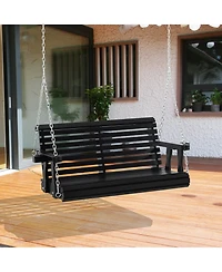 Outsunny 46" 2 Person Wooden Hanging Porch Swing Bench, Slatted Front Porch Swing Outdoor Chair with Cupholder Armrests 440 lbs. Weight Capacity, Blac