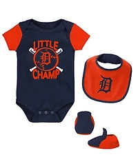 Newborn and Infant Boys and Girls Navy Detroit Tigers Little Champ Three-Pack Bodysuit, Bib and Booties Set