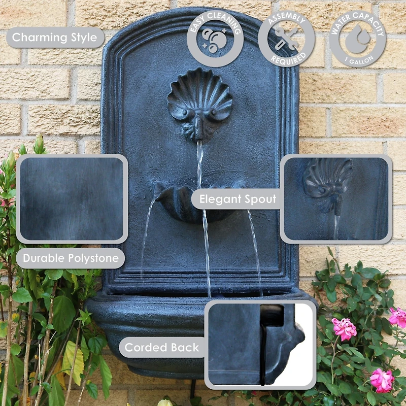 Seaside 27-Inch Solar Wall Water Fountain with Battery Backup - Lead Finish