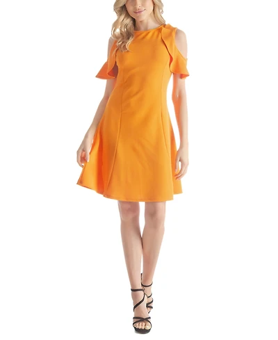 24seven Comfort Apparel Ruffle Cold Shoulder a Line Knee Length Dress