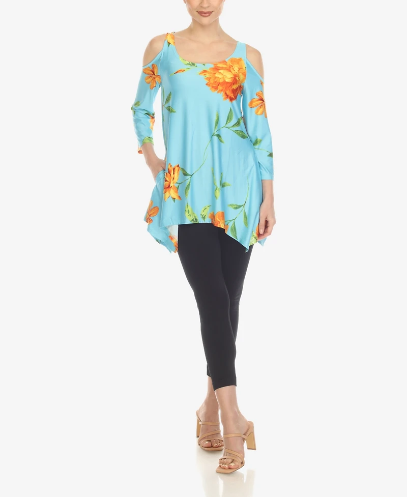 White Mark Women's Floral Printed Cold Shoulder Tunic Top