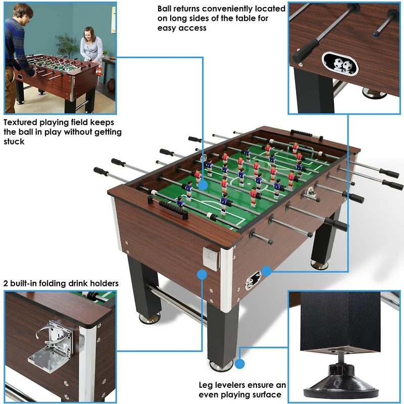 Indoor Classic Faux Wood Foosball Soccer Game Table with Manual Scorers and Folding Drink Holders - 5'